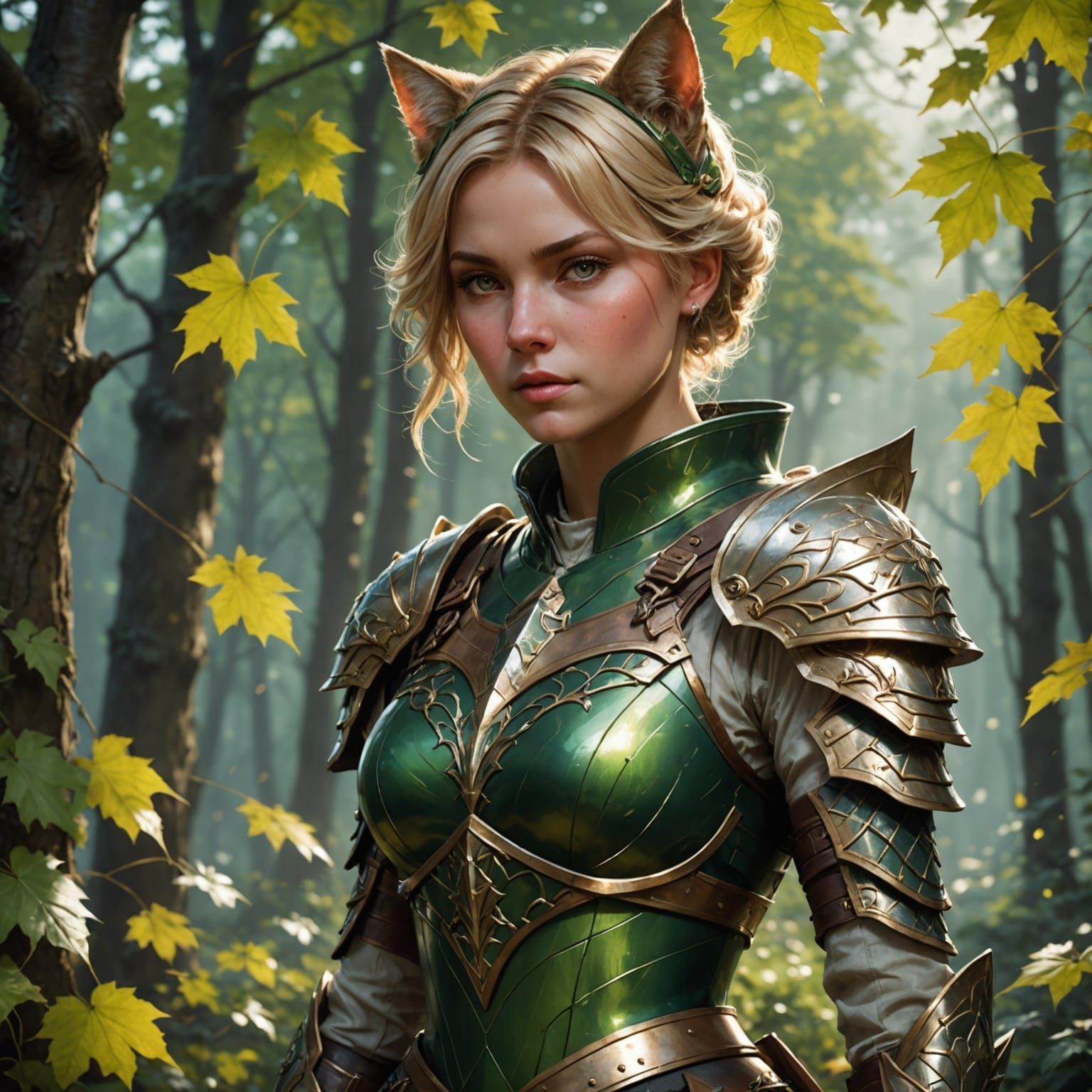 Cat-Eared Maple Leaf Warrior: Digital Art Portrait