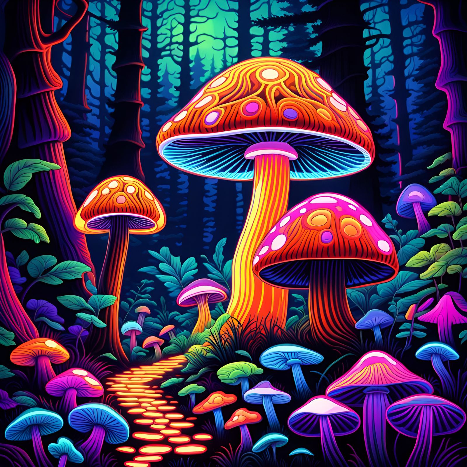 Psychedelic Forest: Luminous Mushrooms in Black Light Art