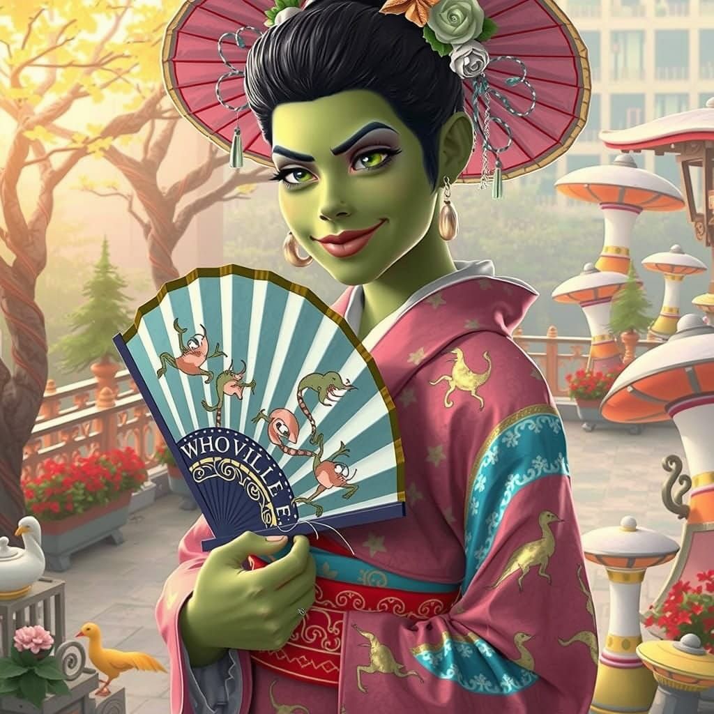 Elegant Grinch Geisha Surrounded by Whoville Whimsy