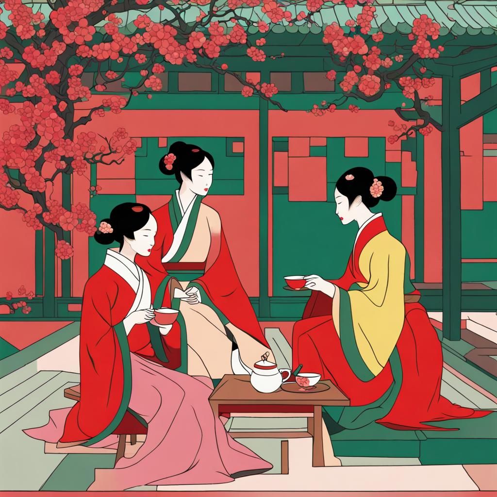 Chinese Ladies Enjoying Plum Blossoms: Minimalist Illustrati...