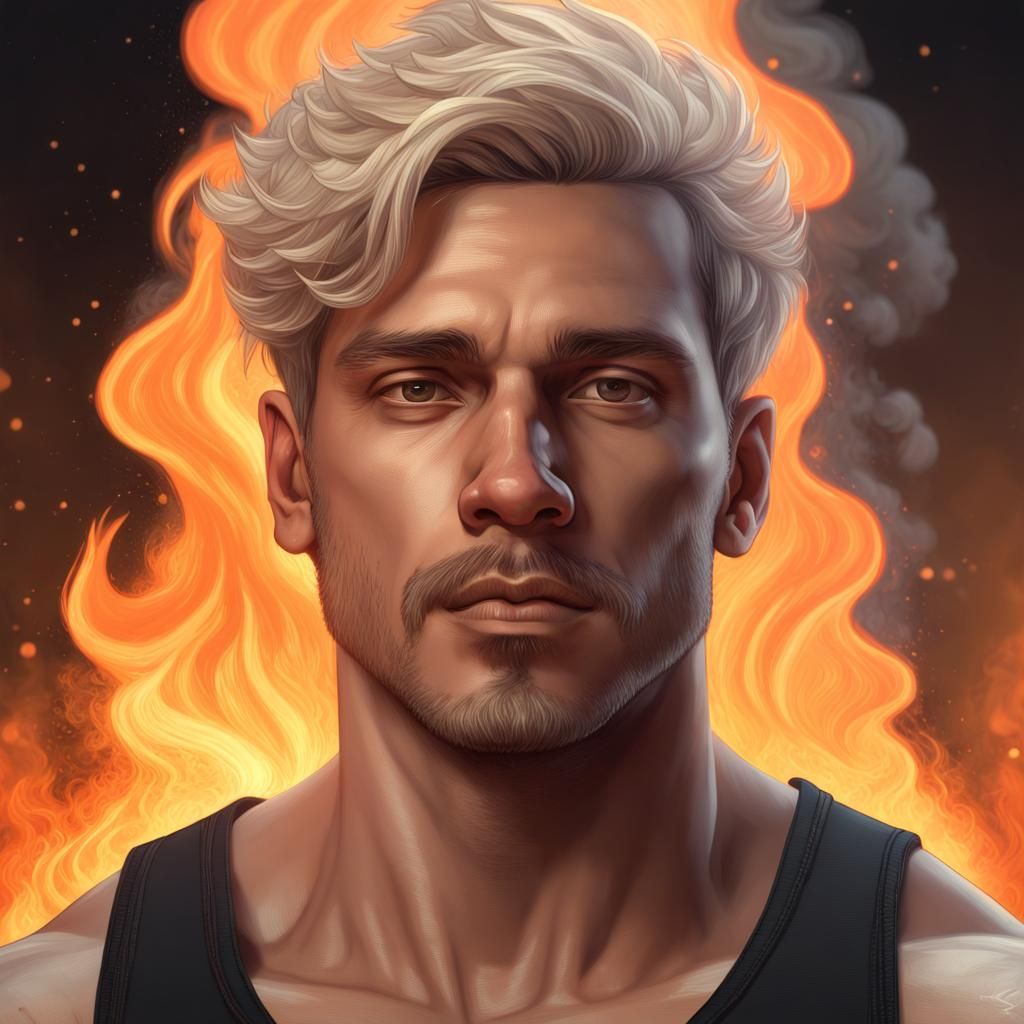 Man Surrounded by Fire: Hyperrealistic Portrait