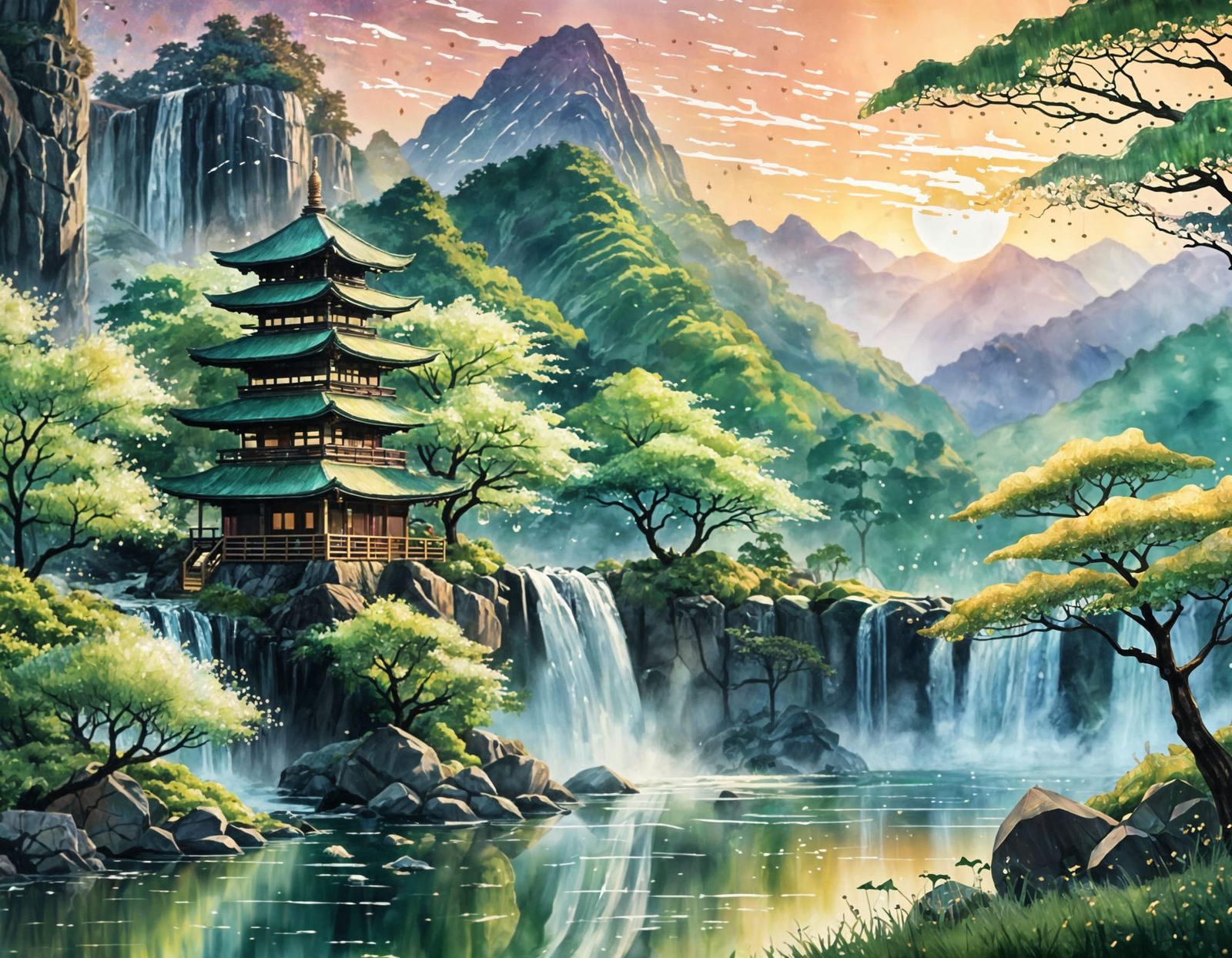 Iridescent Dew Drops on Green Watercolor Landscape