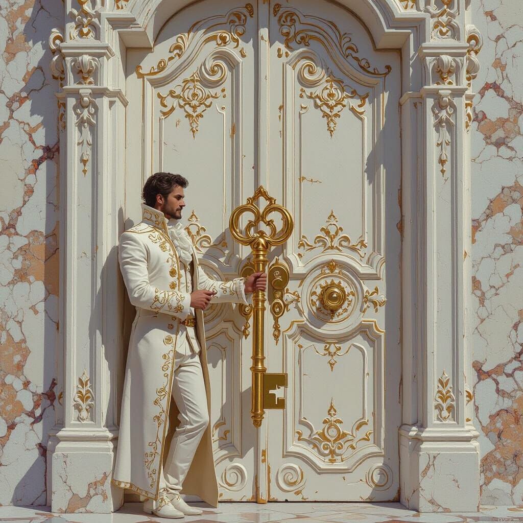 Man with Golden Key by Ornate Door