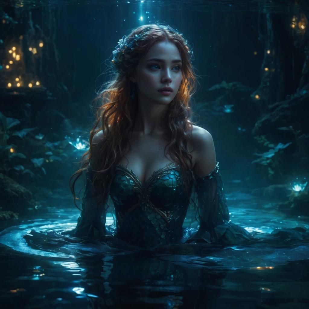 Enchanted Mermaid in Moonlit Pond: Dark Fantasy Art