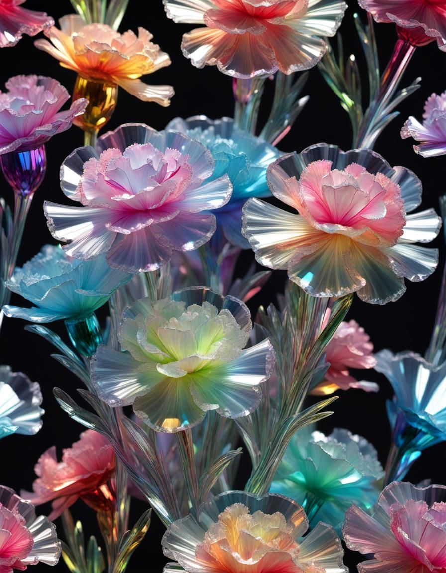 Iridescent Crystal Carnations in a Colorful Forest