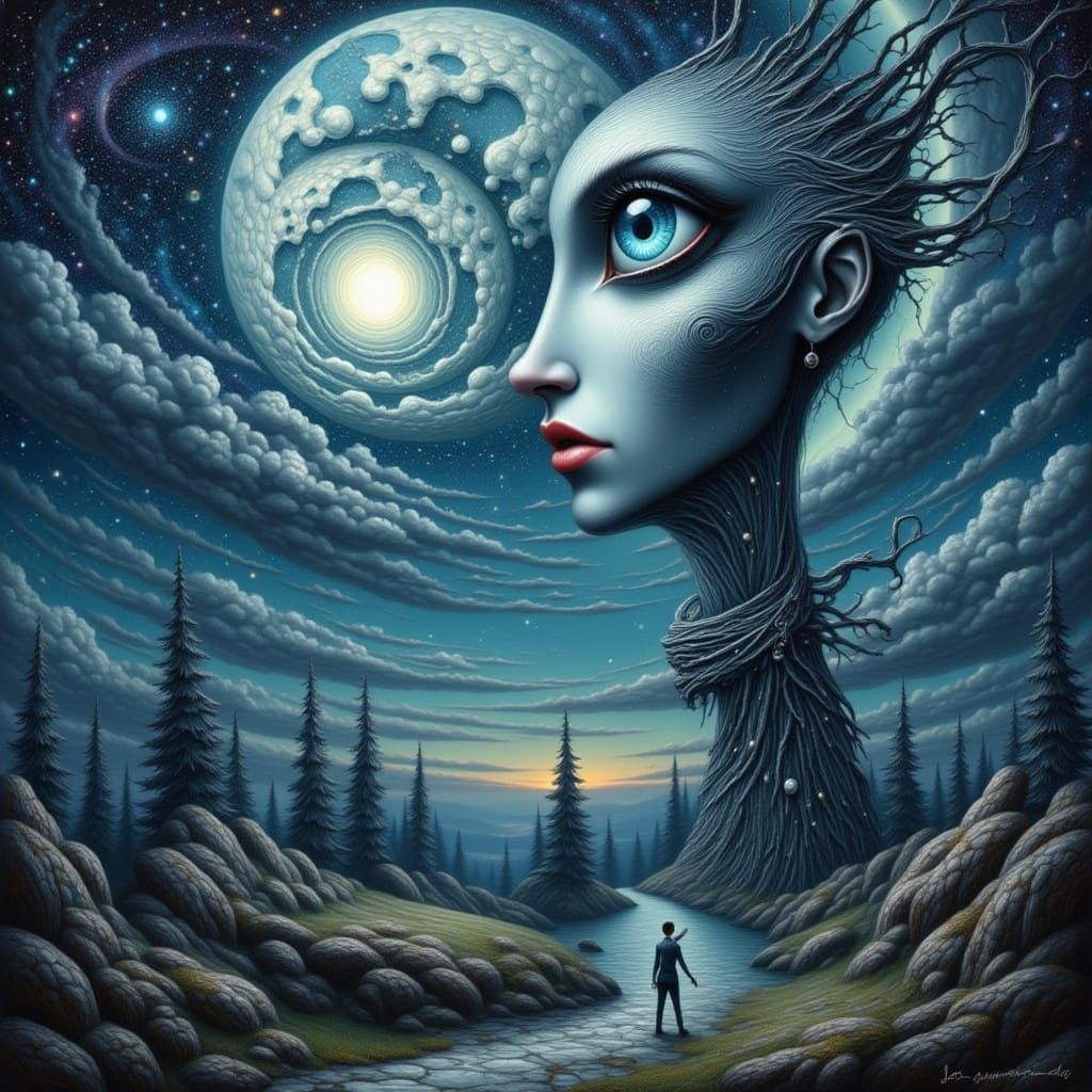 Celestial Portrait with Moon Face in Oil Painting