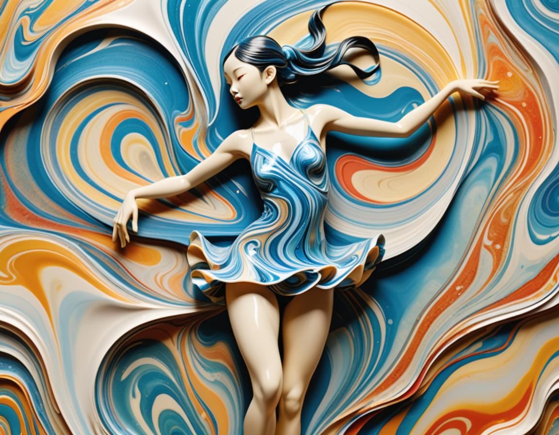 Abstract Marbling: 3D Dancer in Suminagashi Style