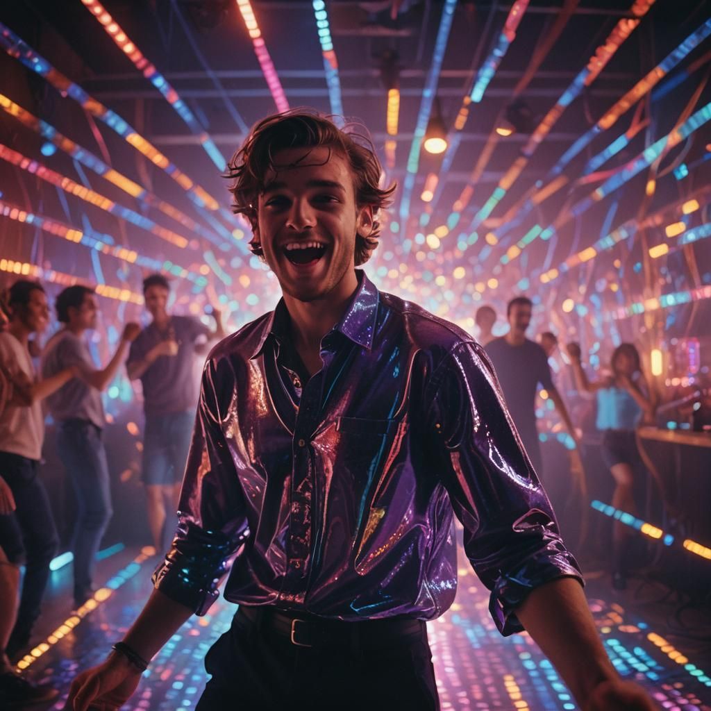 Young Man Dancing Alone Under Disco Lights