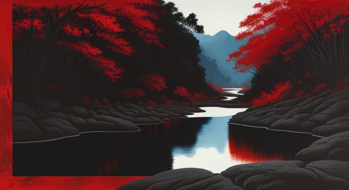 Giant Red Sun Over Winding River Painting