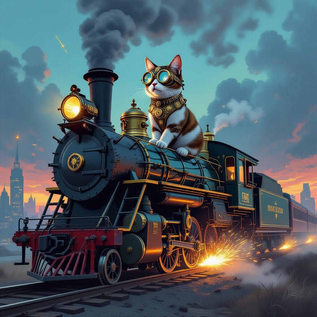 Steampunk Cat on Ornate Train Engine in Futuristic Cityscape