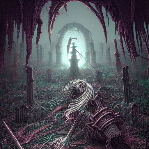 Anime Graveyard Crypt in Hyperreal Horror Style