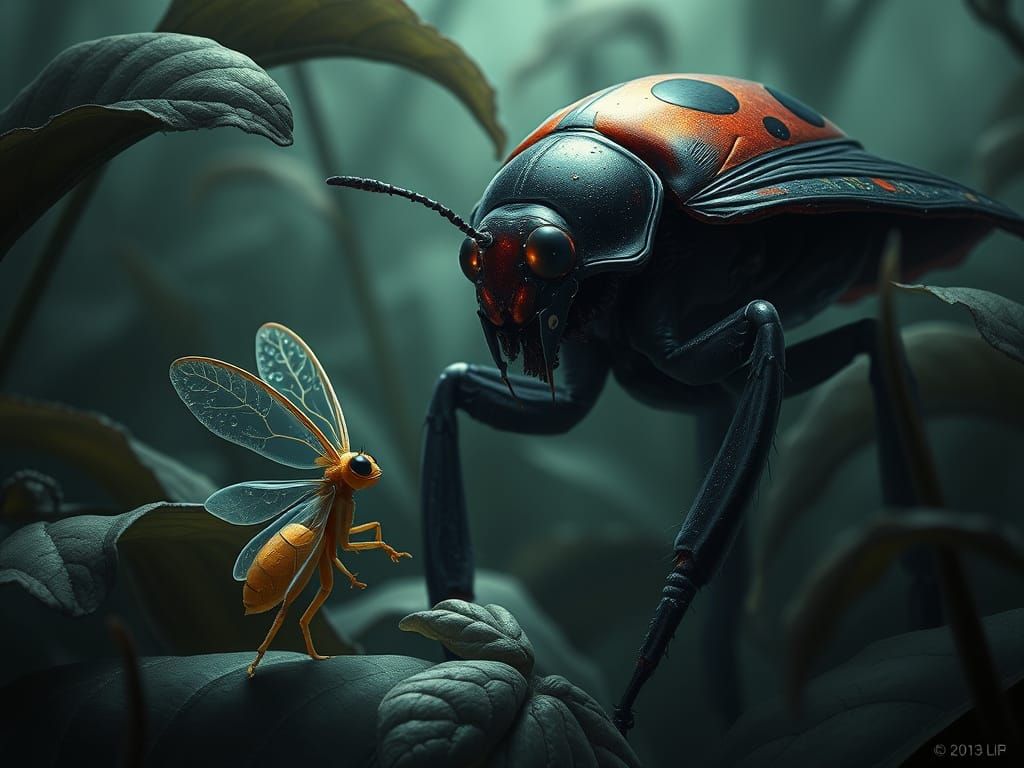 Aphid Confronts Sinister Ladybug Monster in Whimsical Nightm...