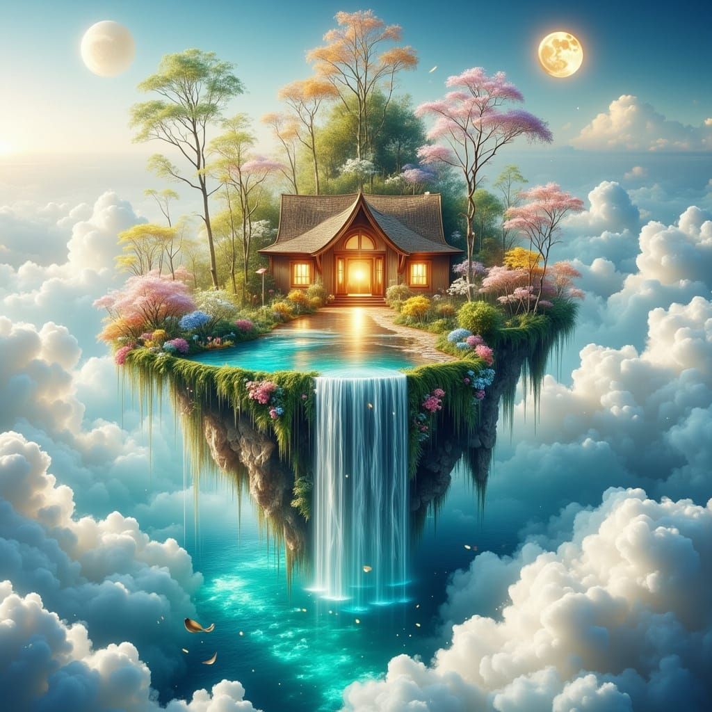 Floating Island Paradise with Diamond Bridge and Serene Spa