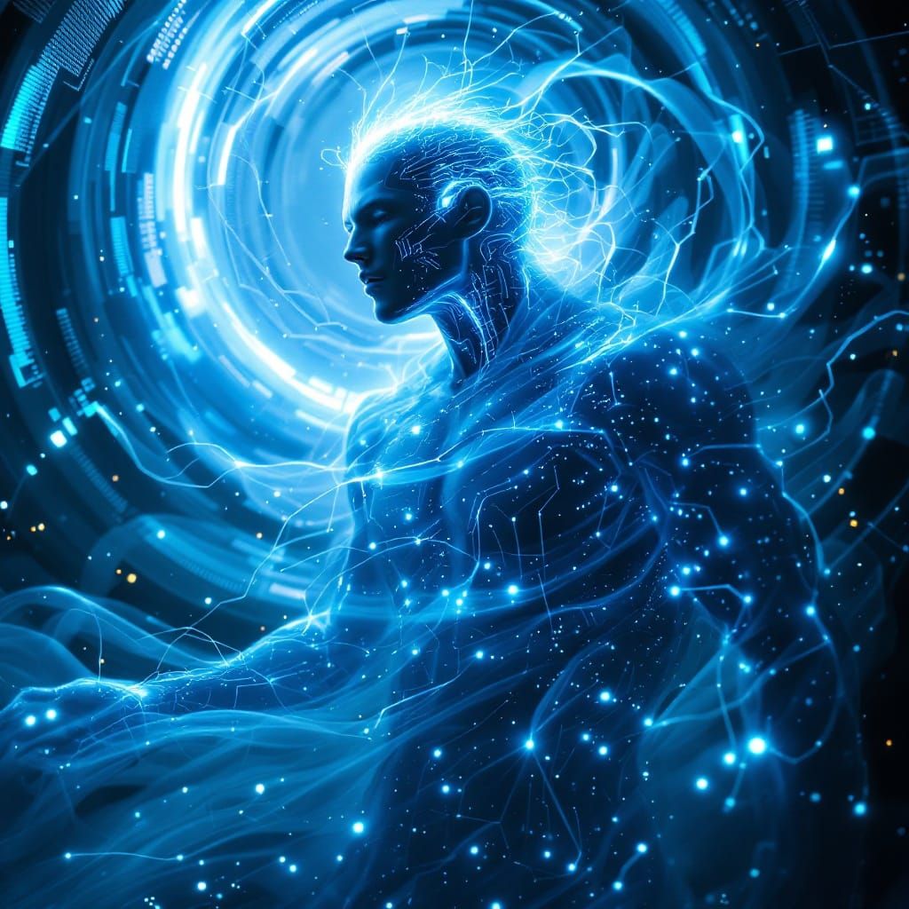 Cyberpunk Ghost in a Swirling Vortex of Digital Light