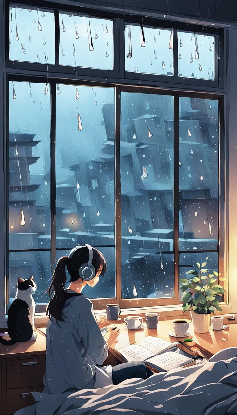 Anime Girl Gazing out at Rainy Day