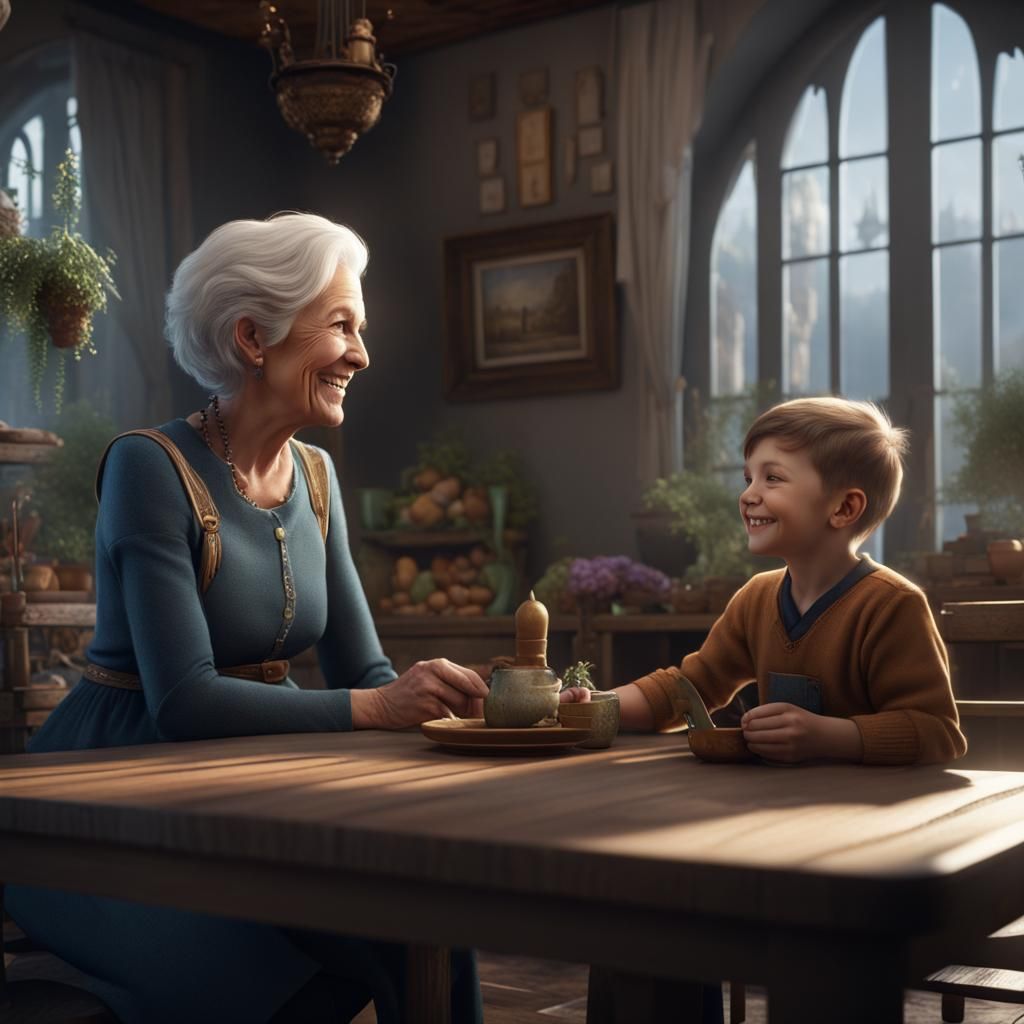 Detailed Matte Painting: Boy and Lady at Table