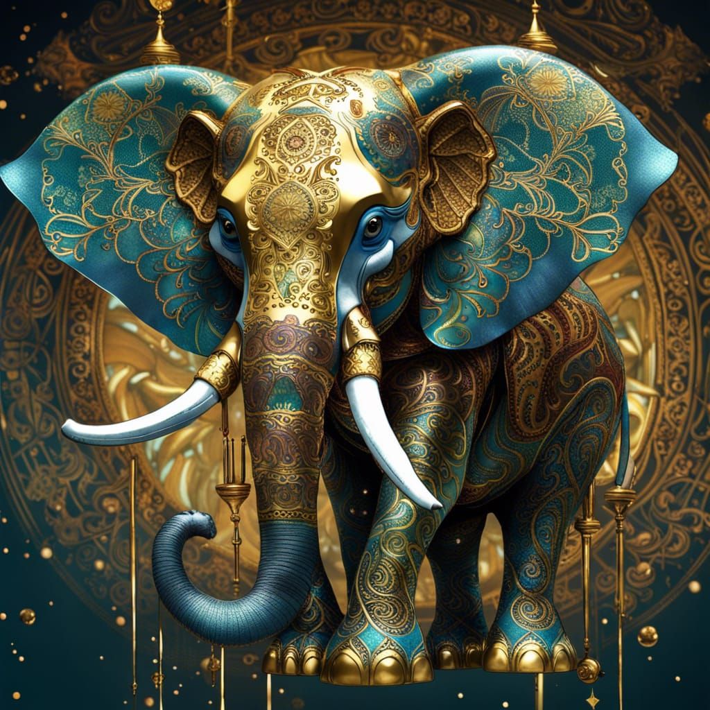 Gold Filigree Elephant in Astral Cosmic Illustration