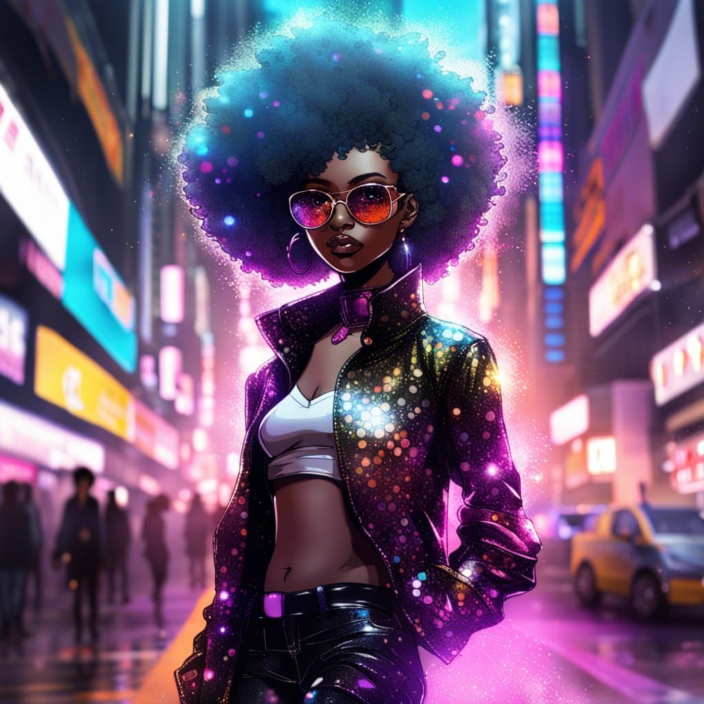 Glitter Afro Disco Queen in Cyberpunk Tokyo