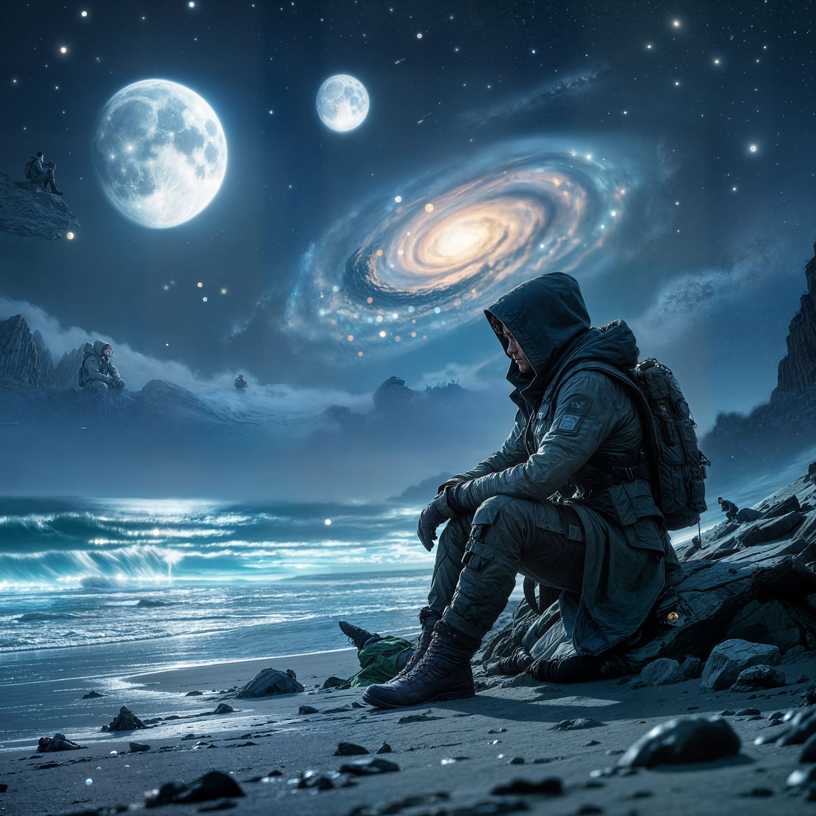 Explorer Sits on Spaceship Debris on Alien Shore Under Three...