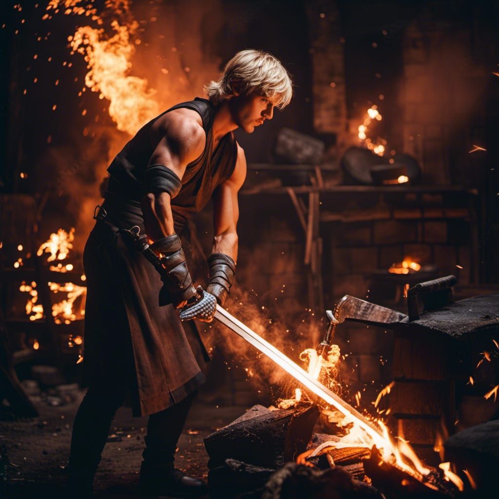 Fantasy Smithy: Young Man Forging Sword