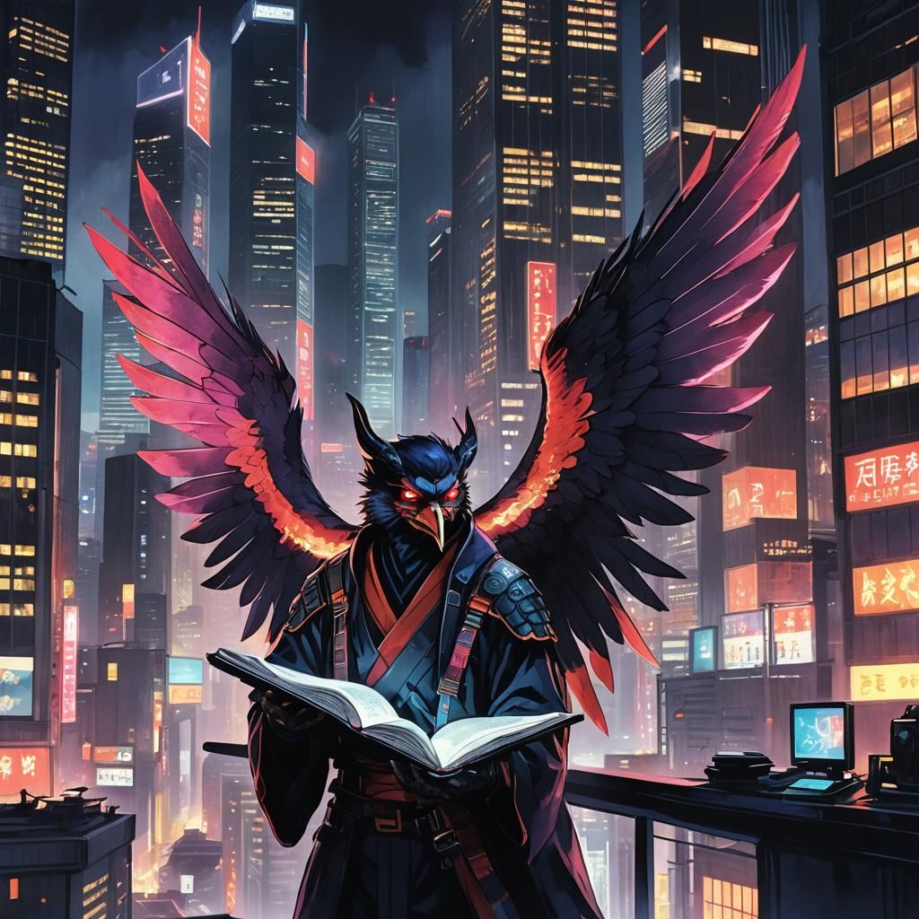 Tengu Presents the Journal in a Futuristic Cityscape
