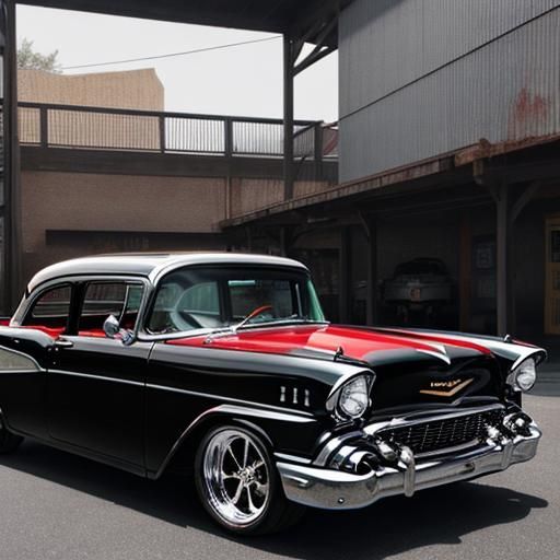 Black 1957 Chevy with Red Wheels