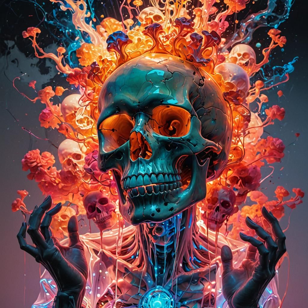 Glowing Neon Skull with Swirling Souls