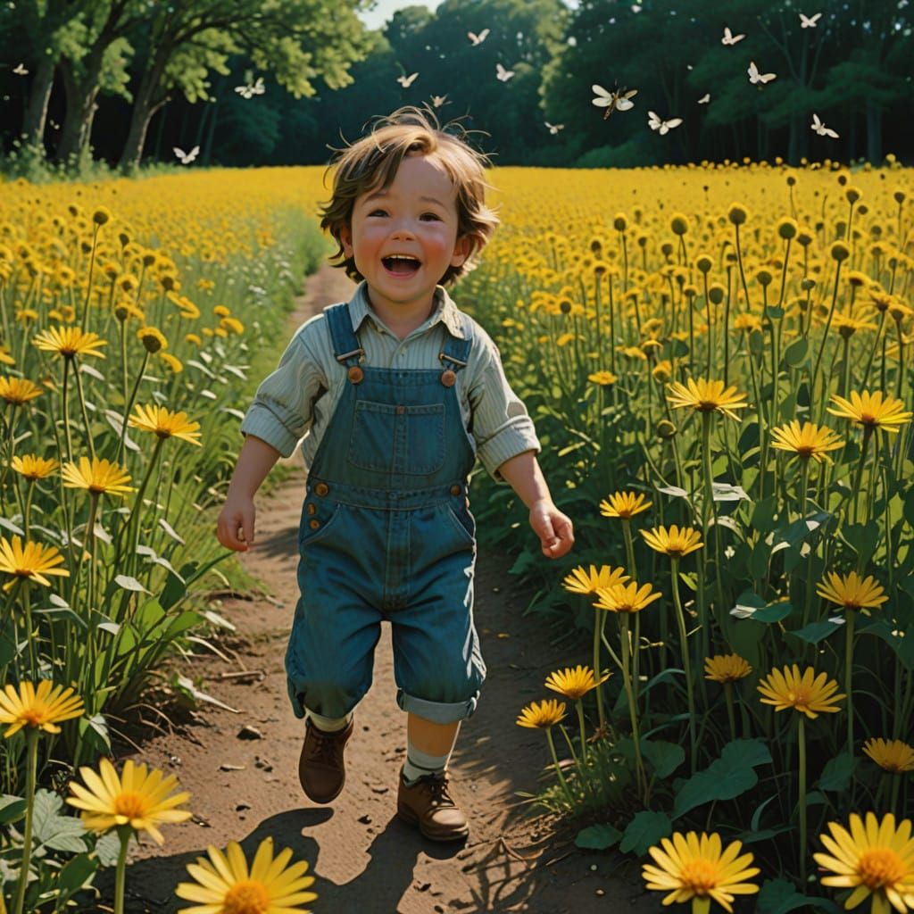 Joyful Boy Plays in Sun-Drenched Dandelion Field
