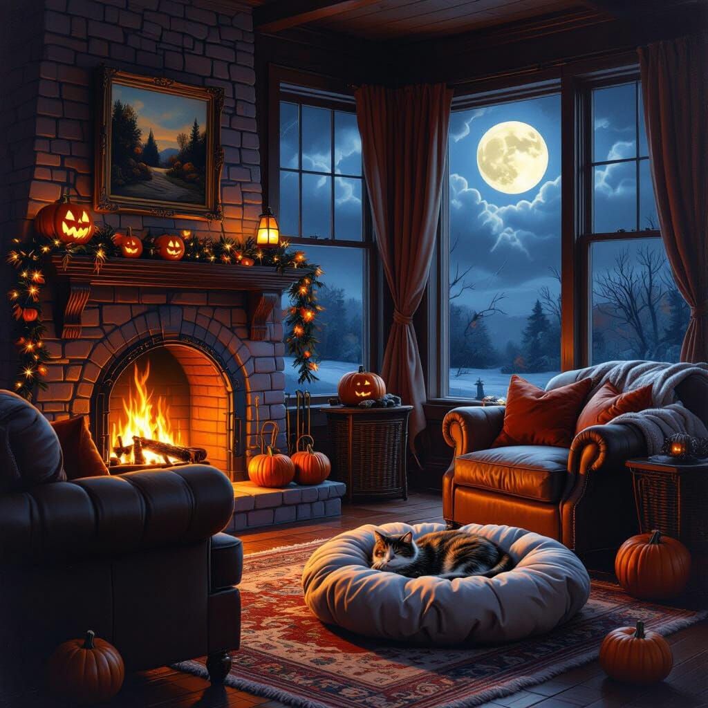 Cozy Halloween Living Room with Fireplace and Stormy Night