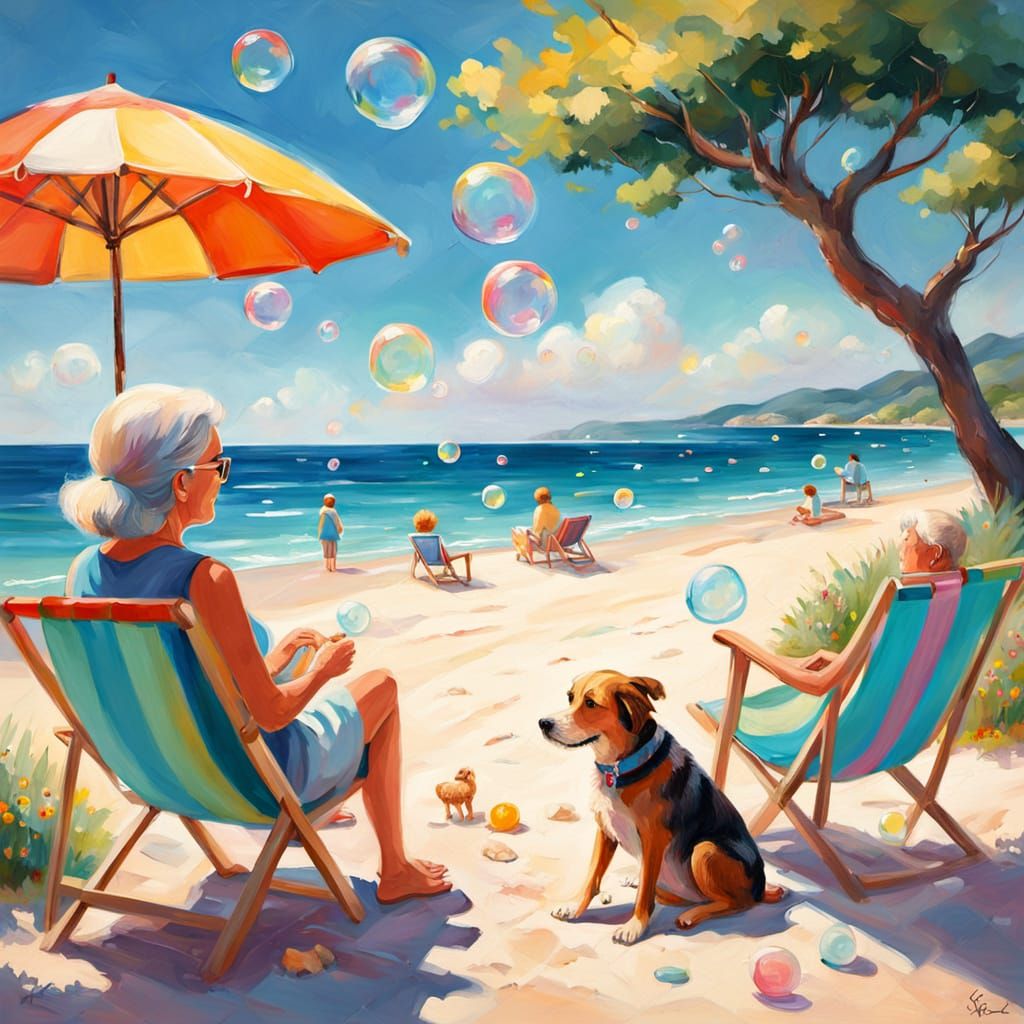 Impressionist Summer Beach Scene with Woman and Children