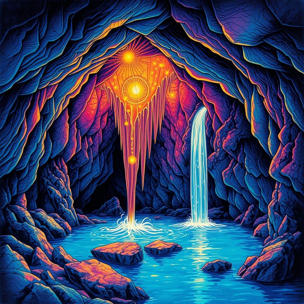 Cosmic Crystal Cave Waterfall in Vibrant Iridescent Hues