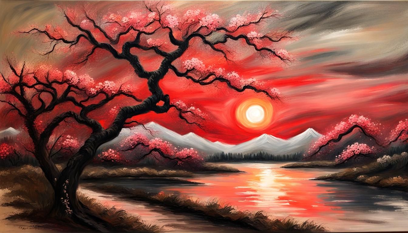 Japanese Landscape with Cherry Blossoms in Acrylic