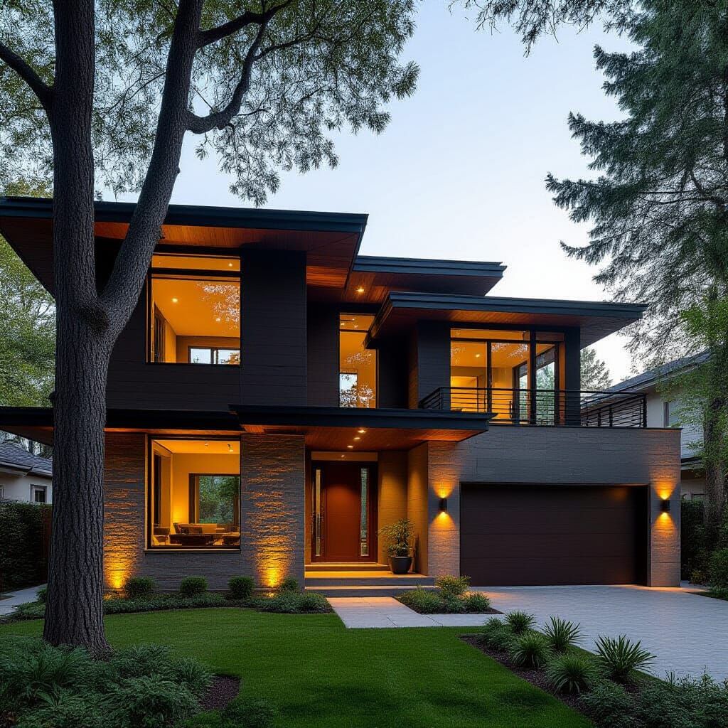 Modern Dark Brown Two-Story House with Trees