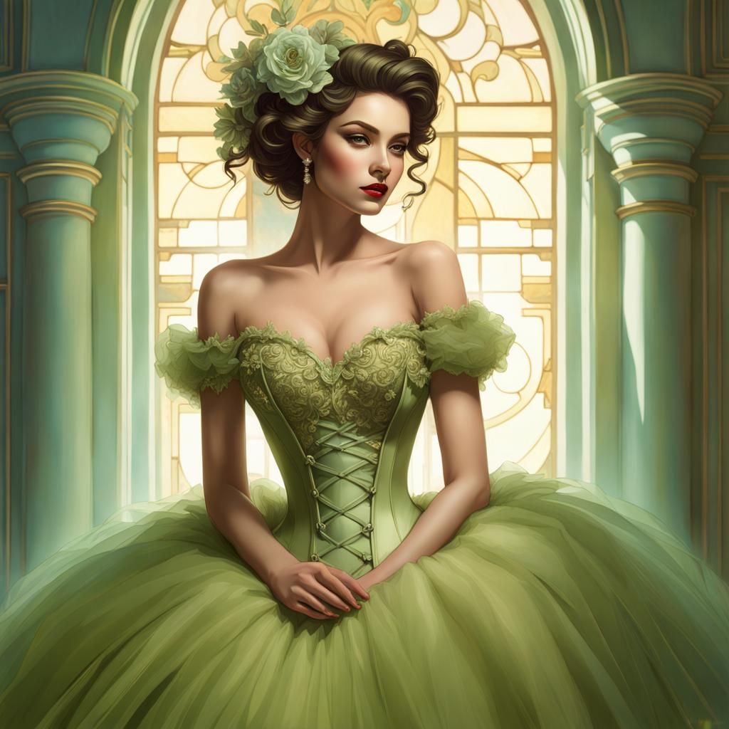 Woman in Avocado Green Tulle Dress, Hyperdetailed Art