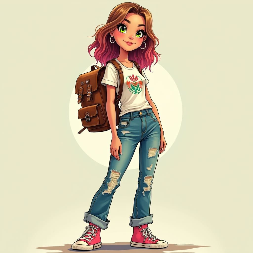 Woman with Pink Highlights in Whimsical Style