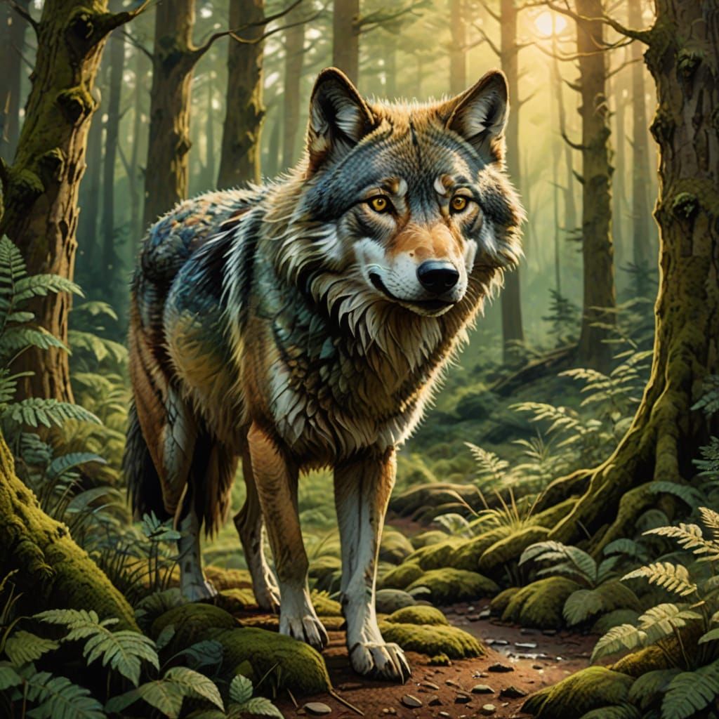 Majestic Wolf in Whimsical Forest Clearing