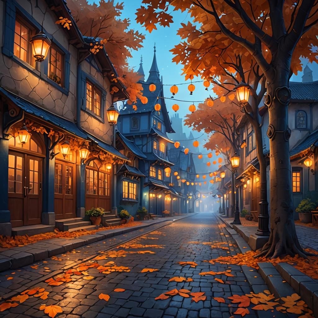 Magical Autumn Town Street at Golden Hour