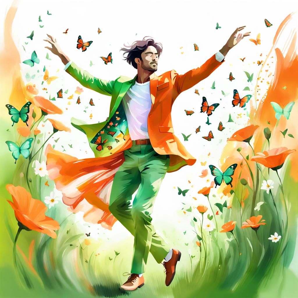 Dancing Man in Whimsical Digital Art Meadow