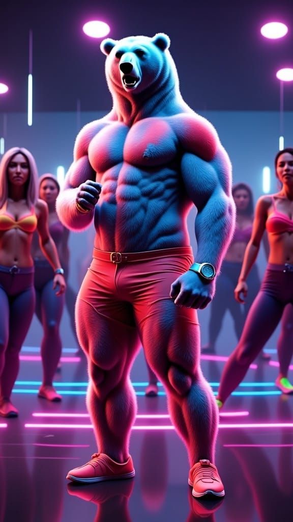 Fitness Bear Leads High-Energy Aerobics Class in Neon Gym