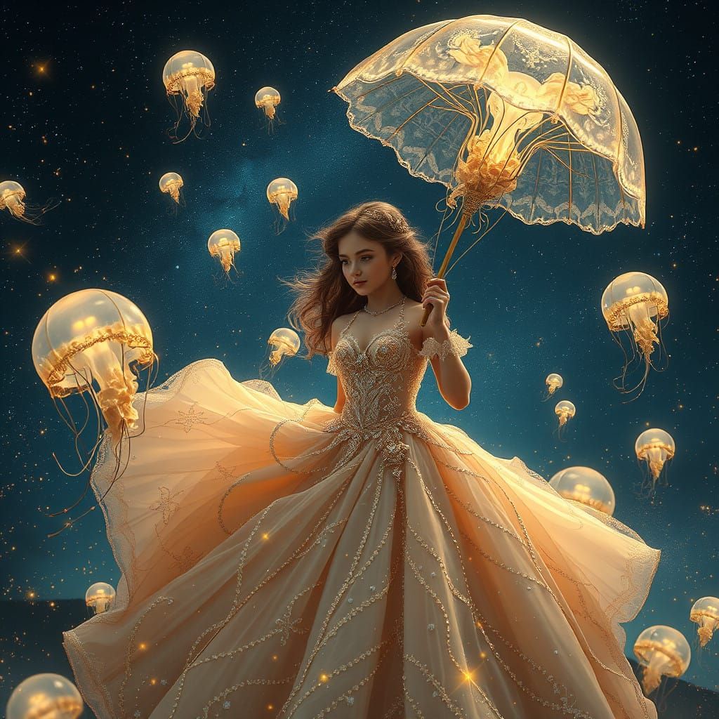 Majestic Fantasy Girl in Iridescent Jellyfish Umbrella Amids...
