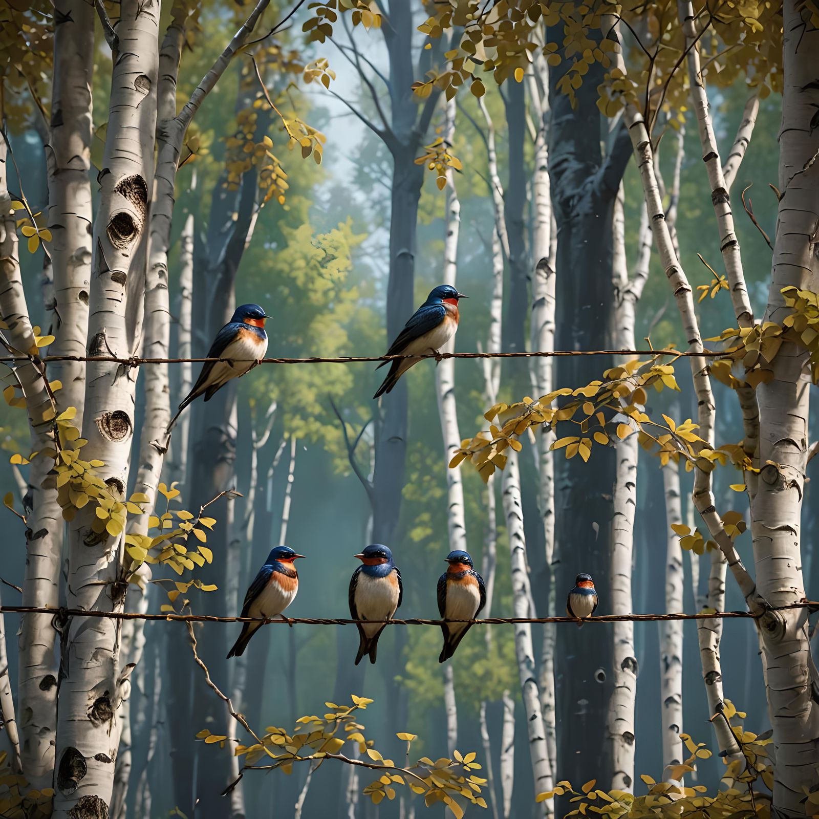 Barn Swallows on Wire, Birch Grove Fantasy Art