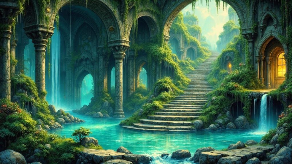 Enchanted Indoor Oasis Cave in Digital Painting Style