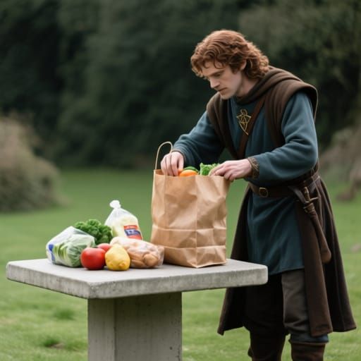 King Arthur Unpacks Groceries at Cement Table