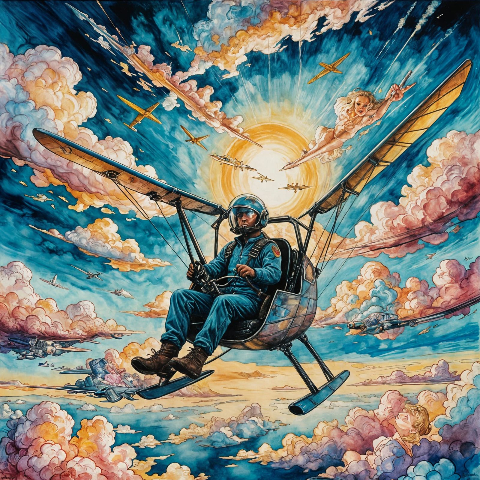 Beautiful Blonde Pilot flying a glider sailing through an az...