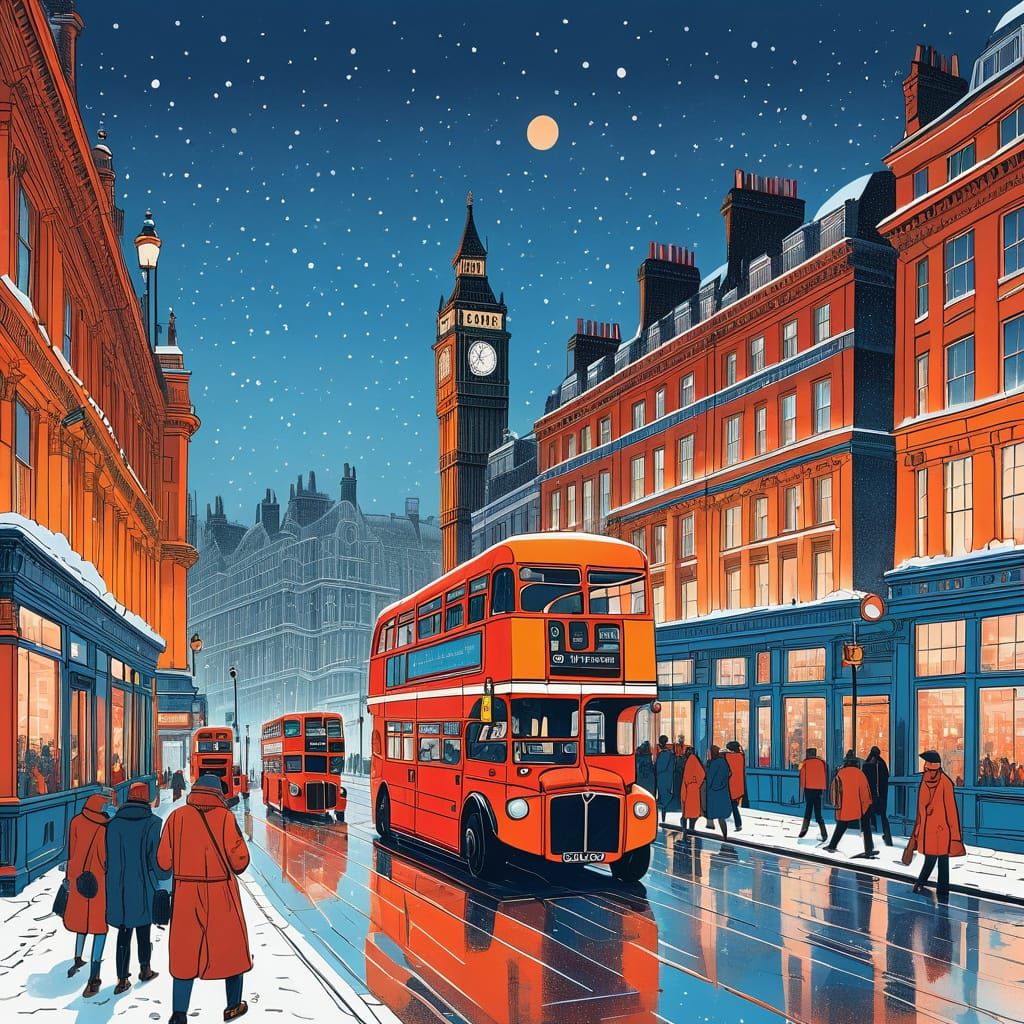 Bustling London Street at Dusk in Vintage Style