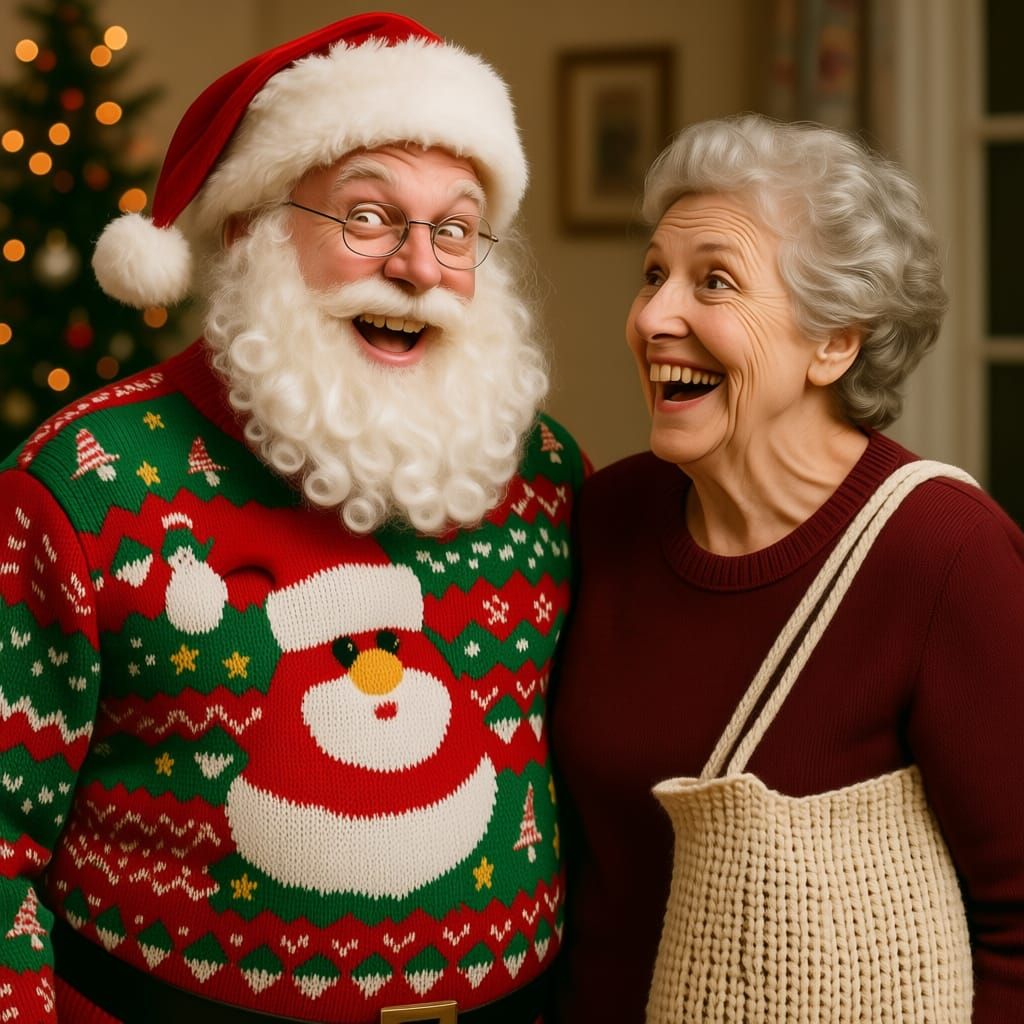 Santa Claus wearing the ugliest, tackiest Christmas sweater ...