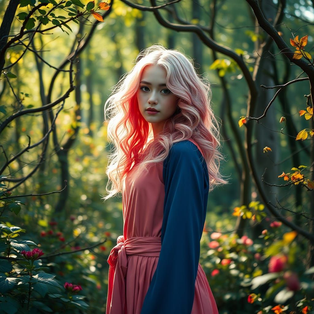 Woman with Pink Hair in Forest, Anime Style