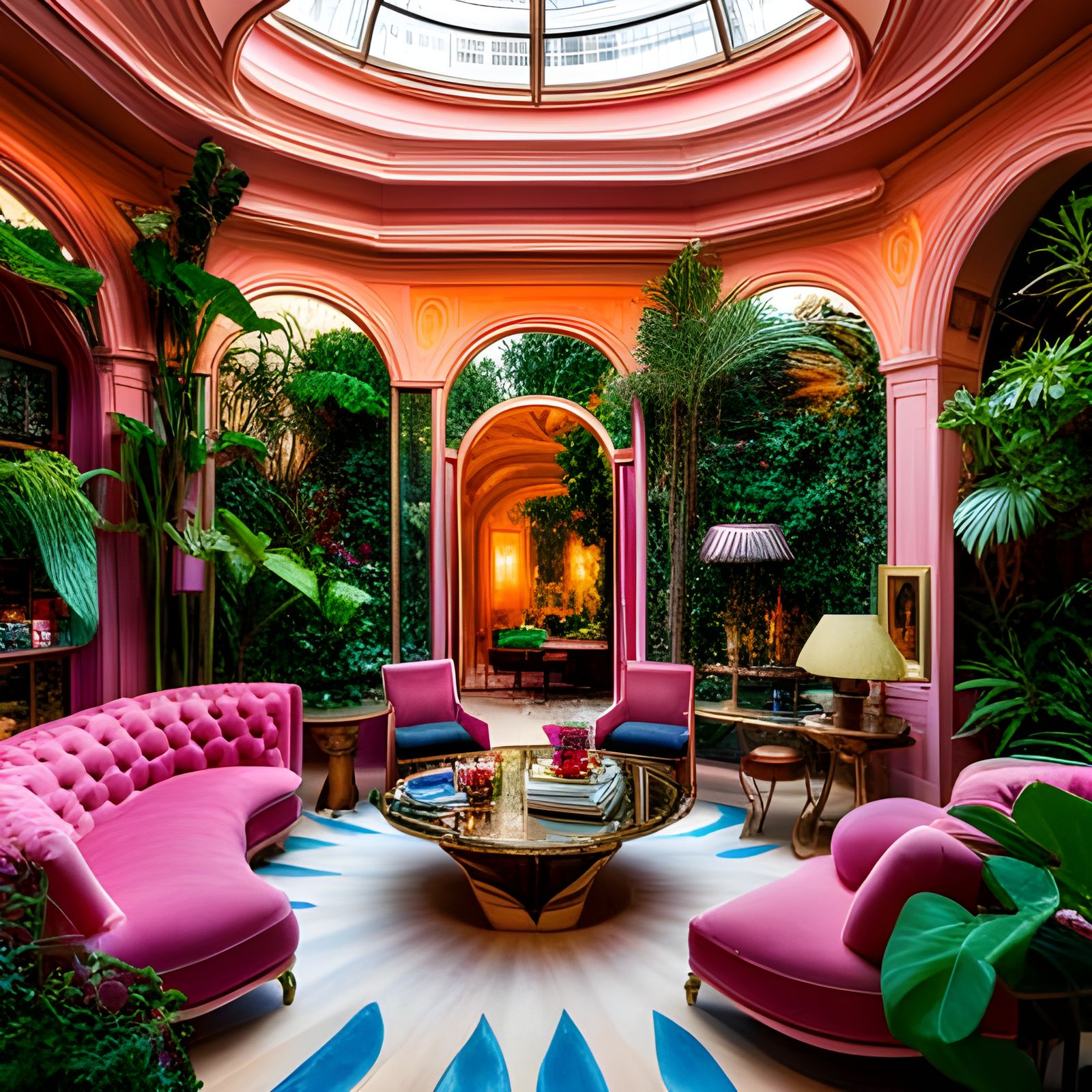 Maximalist Pink Solar Living Room in Hyperrealistic Style