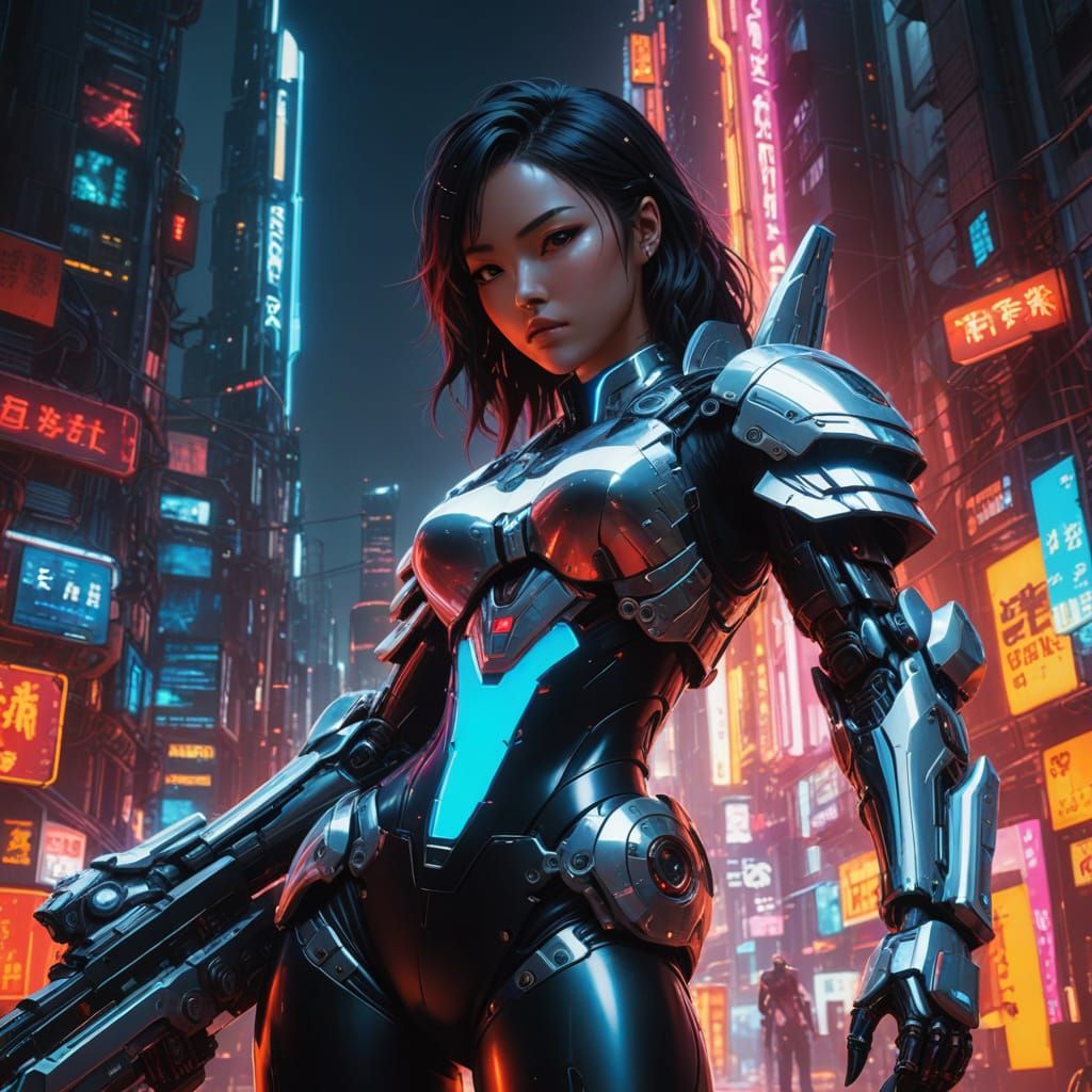 Cyberpunk Goddess in Neon Cityscape