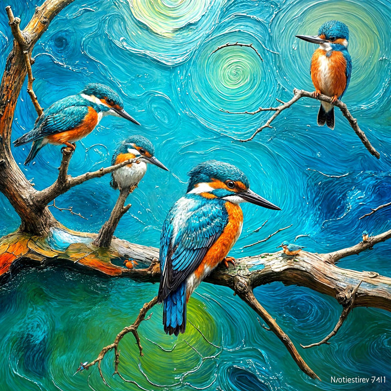 Kingfisher Family Fishing Lesson in Expressionist Style